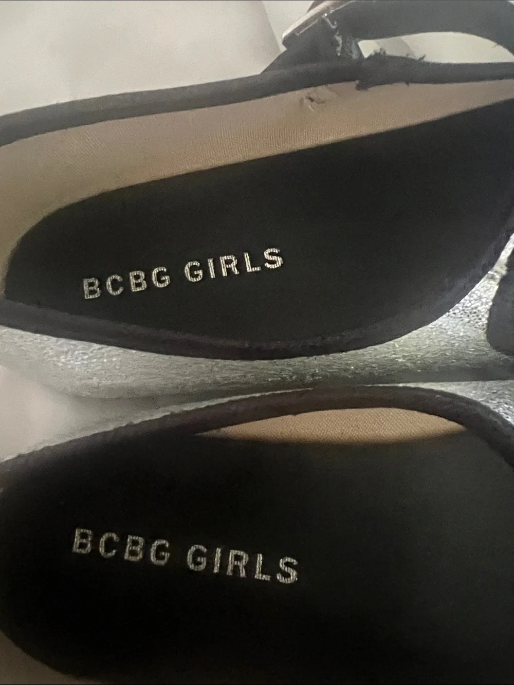 BCBG Metallic Silver Mary Jane Flats with Black Trim